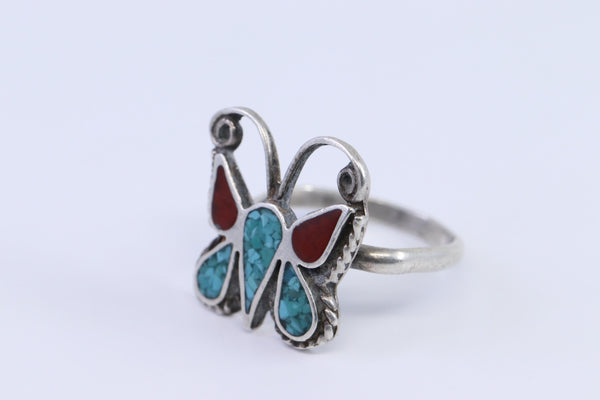 Navajo Vintage Butterfly Sterling Turquoise Coral Ring Size 5