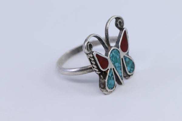 Navajo Vintage Butterfly Sterling Turquoise Coral Ring Size 5
