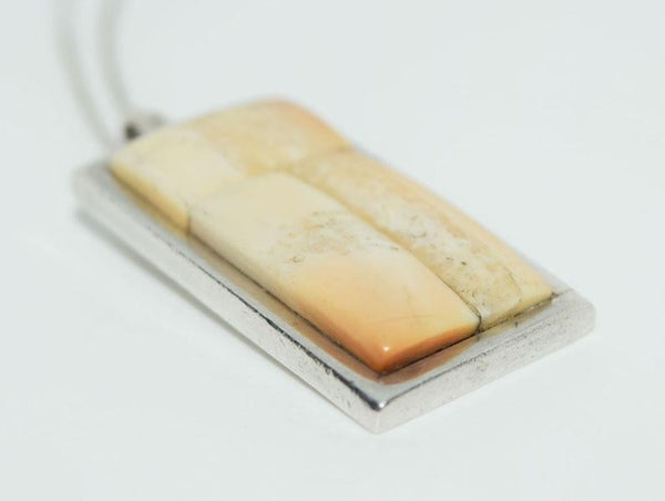 Artisan Sterling Silver Rectangle Carved Natural Stone Pendant Necklace
