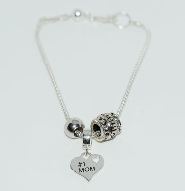 Sterling Silver Heart Charm MoM Bracelet 8"