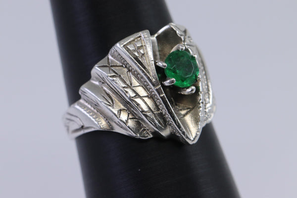 Sterling Silver Artisan Designer Emerald Ring Size 7.50