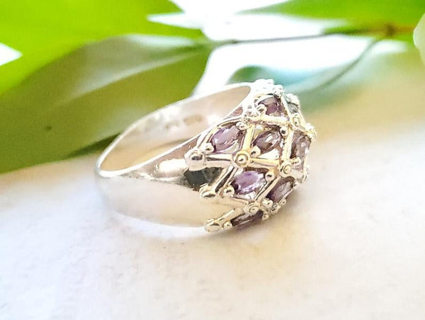 Sterling Silver Crosshatch Amethyst High Design Ring Size 7