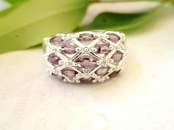Sterling Silver Crosshatch Amethyst High Design Ring Size 7