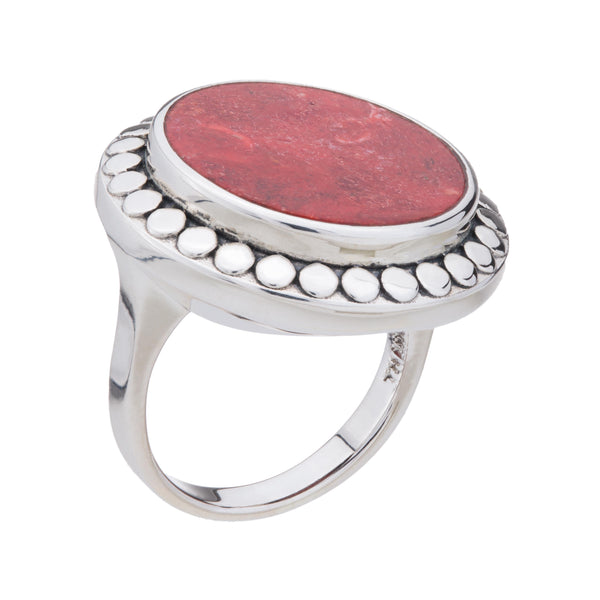 Sterling Silver Red Coral Beaded Halo Ring Size 6