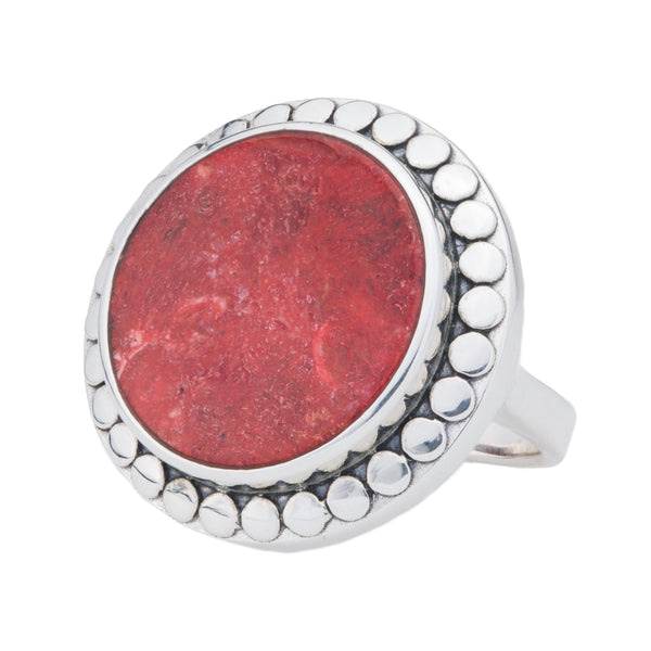Sterling Silver Red Coral Beaded Halo Ring Size 6
