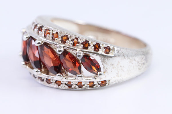 Sterling Silver Triple Row Red Garnet Ring Size 7.75
