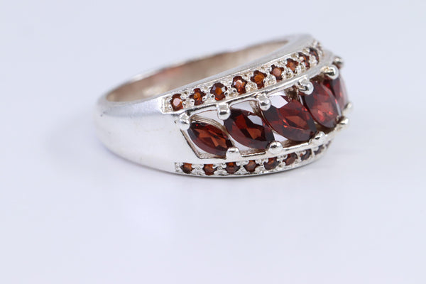 Sterling Silver Triple Row Red Garnet Ring Size 7.75
