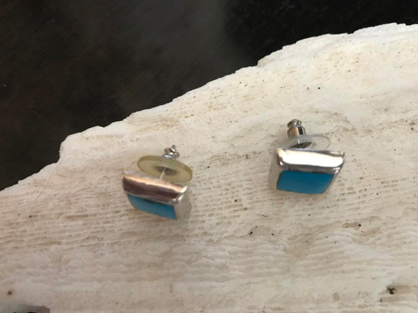 Sterling Silver Vintage Mexican Ceruleite Cube Earrings