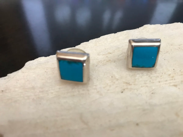 Sterling Silver Vintage Mexican Ceruleite Cube Earrings