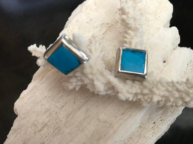 Sterling Silver Vintage Mexican Ceruleite Cube Earrings