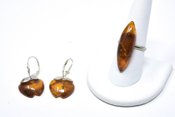 Vintage Sterling Silver & Amber Earrings & Ring