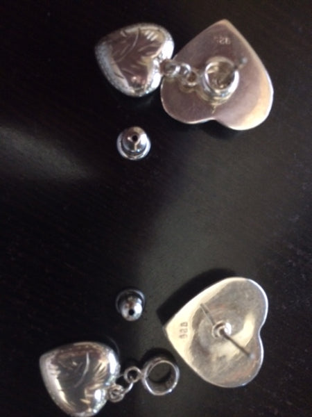 925 Sterling Silver Etched Double Hearts Dangle Earrings