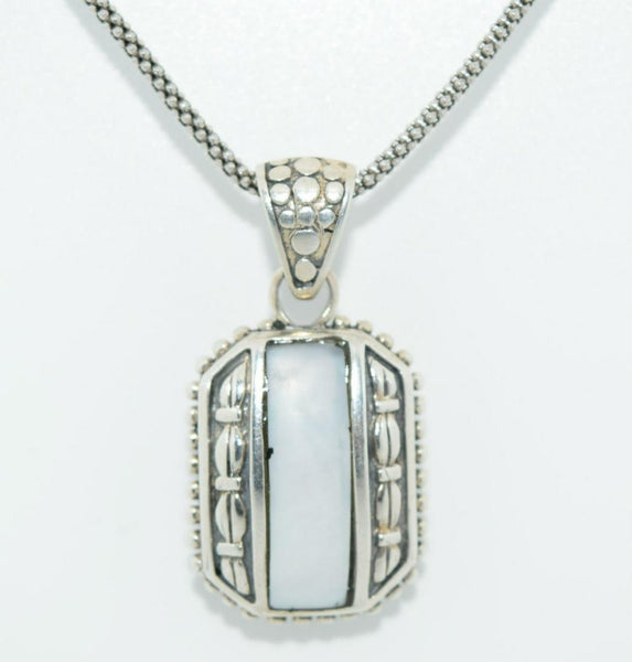 Vintage Sterling Silver Mother of Pearl Pendant with Italian 17" Popcorn Chain