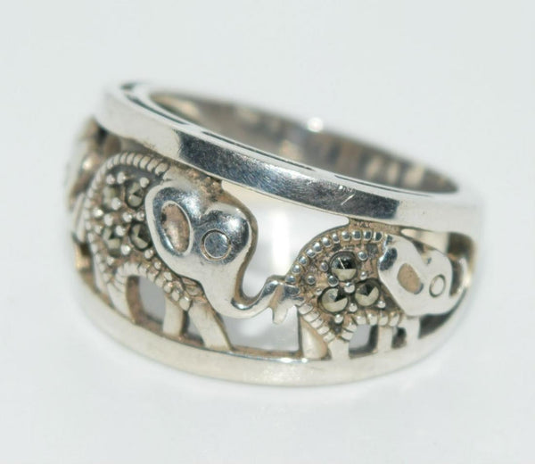 Sterling Marcasite Walking Elephants Ring Size 6