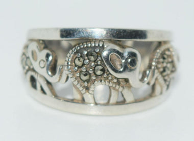 Sterling Marcasite Walking Elephants Ring Size 6