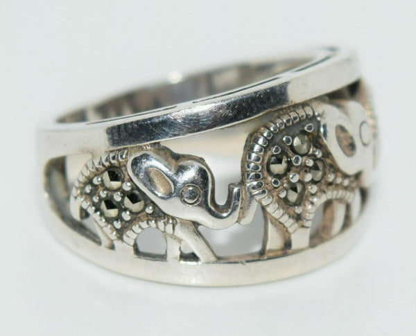 Sterling Marcasite Walking Elephants Ring Size 6