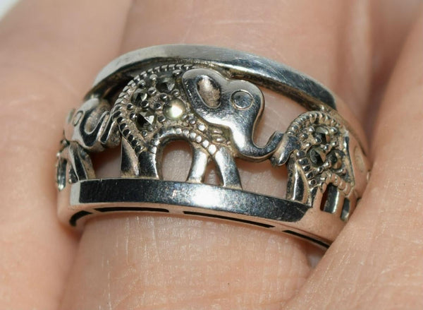 Sterling Marcasite Walking Elephants Ring Size 6