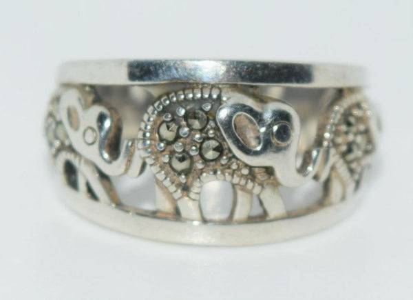 Sterling Marcasite Walking Elephants Ring Size 6