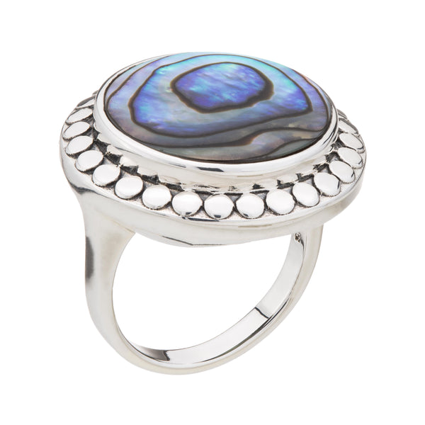 Sterling Silver 18mm Abalone Beaded Halo Ring Size 6