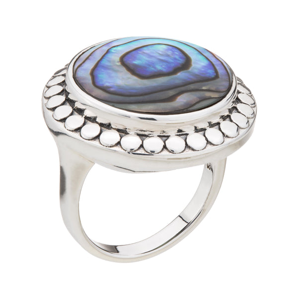 Sterling Silver 18mm Abalone Beaded Halo Ring Size 10