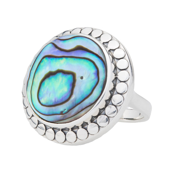 Sterling Silver 18mm Abalone Beaded Halo Ring Size 6