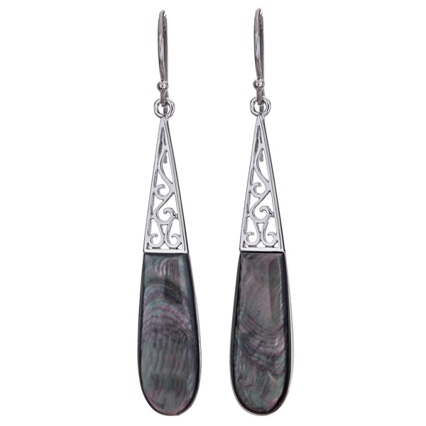 Sterling Silver Black Mother of Pearl Elongated Drop Earrings