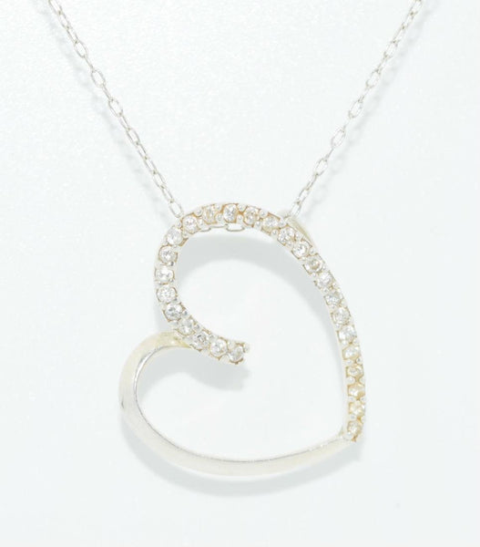Vintage Sterling Silver Cubic Zirconia Pave Heart Necklace