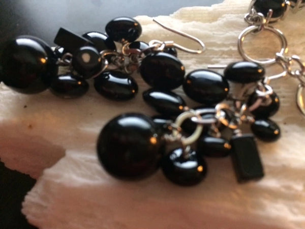 Sterling Silver Colorado Black Moon Jade Bracelet & Black Agate Cluster Drop Earrings