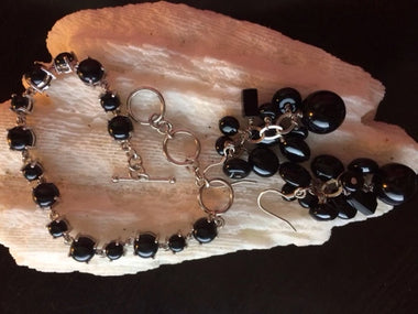 Sterling Silver Colorado Black Moon Jade Bracelet & Black Agate Cluster Drop Earrings