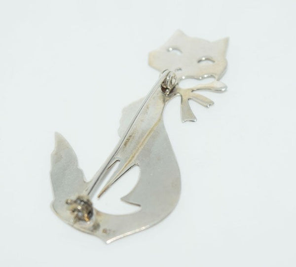 Vintage Sterling Silver Artisan Designed Fancy Cat Brooch Pin