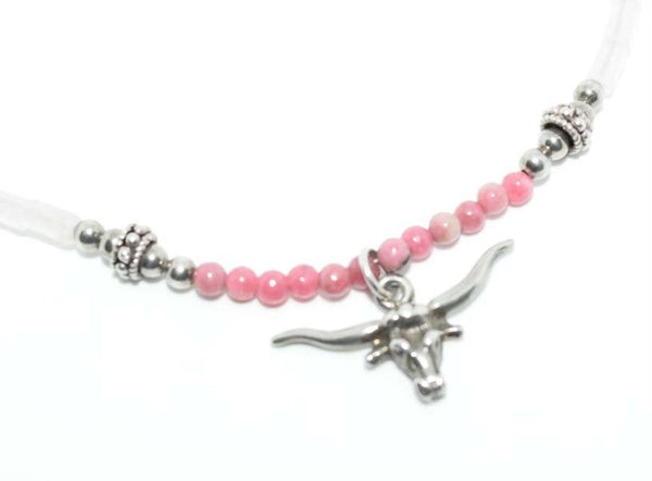 Sterling Silver Long Horn Pink & White Beaded Necklace