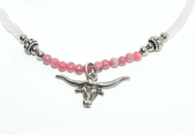 Sterling Silver Long Horn Pink & White Beaded Necklace