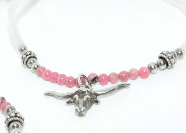 Sterling Silver Long Horn Pink & White Beaded Necklace