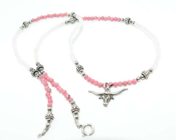 Sterling Silver Long Horn Pink & White Beaded Necklace