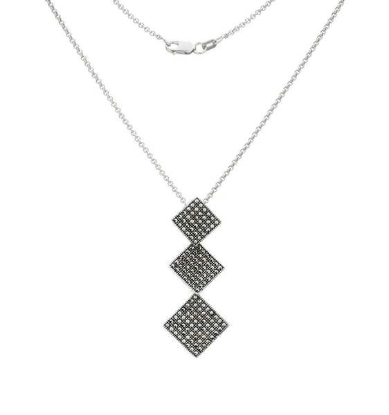 Sterling Silver Marcasite Squared Drop Pendant Necklace
