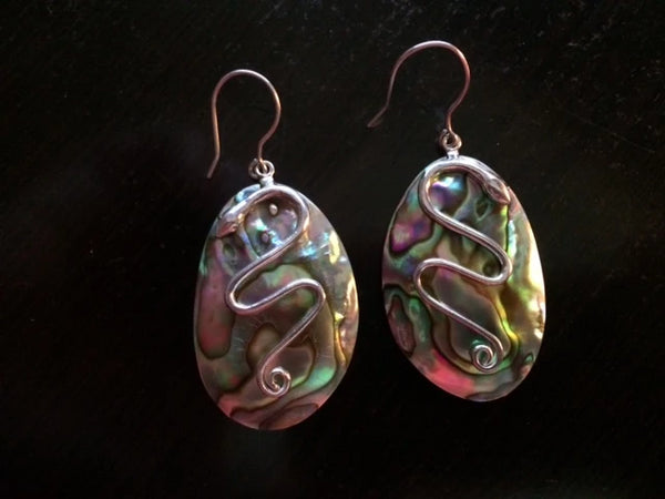 Sterling Silver Oval Abalone Snake Drop Earrings