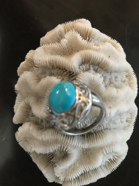 Sterling Silver Oval Turquoise Cut-Out Ring-Size 7