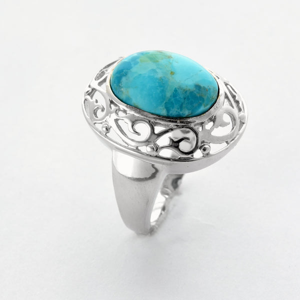 Sterling Silver Oval Turquoise Cut-Out Ring-Size 7