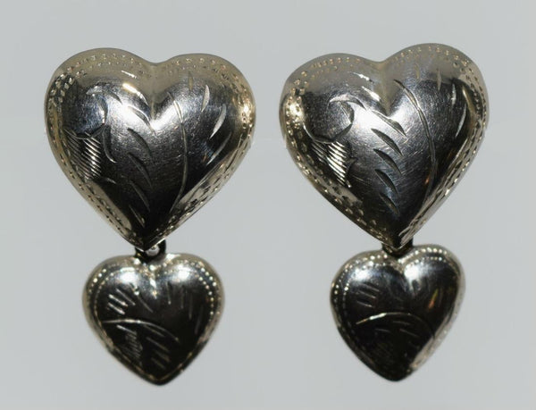 925 Sterling Silver Etched Double Hearts Dangle Earrings