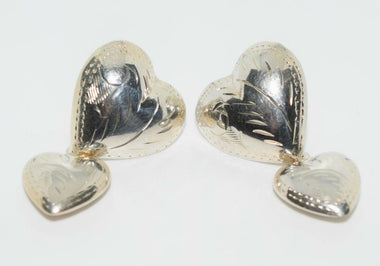 925 Sterling Silver Etched Double Hearts Dangle Earrings