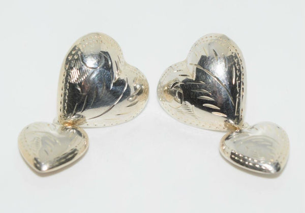 925 Sterling Silver Etched Double Hearts Dangle Earrings