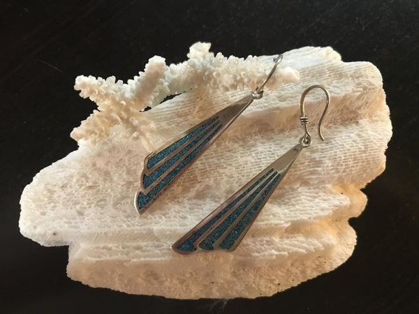 925 Mexican Sterling Silver Turquoise Inlaid Long Hook Earrings