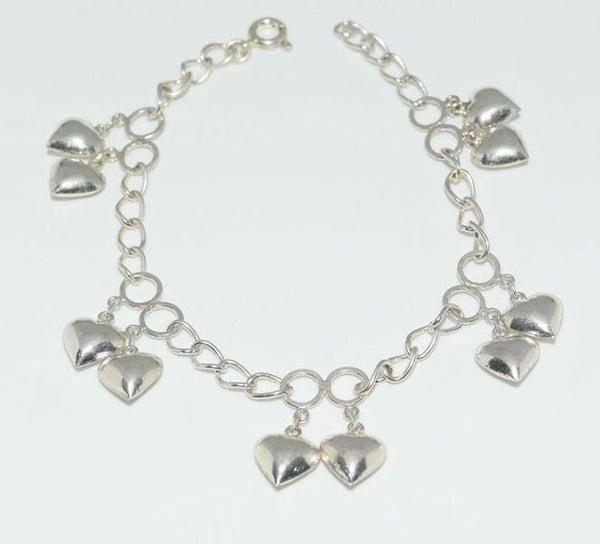 Vintage Sterling Silver Heart Charm Bracelet 7"