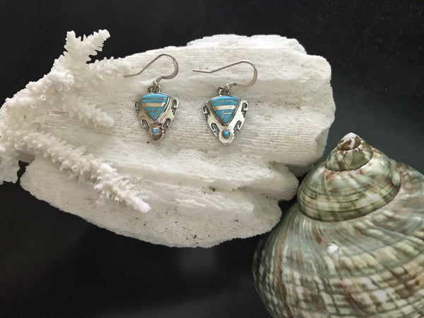Vintage Southwestern Turquoise Inlay Sterling Silver Earrings