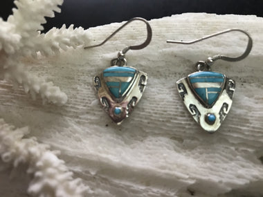 Vintage Southwestern Turquoise Inlay Sterling Silver Earrings