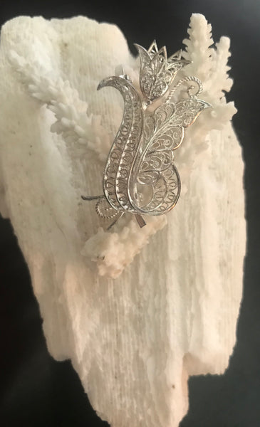 Estate European Sterling Silver Artisan Designed Tulip Brooch Pin