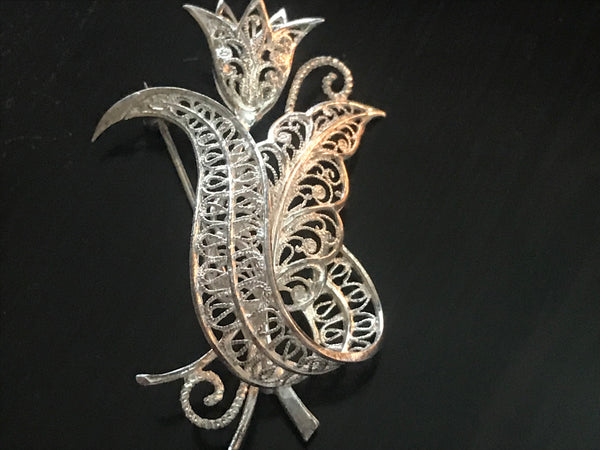 Estate European Sterling Silver Artisan Designed Tulip Brooch Pin