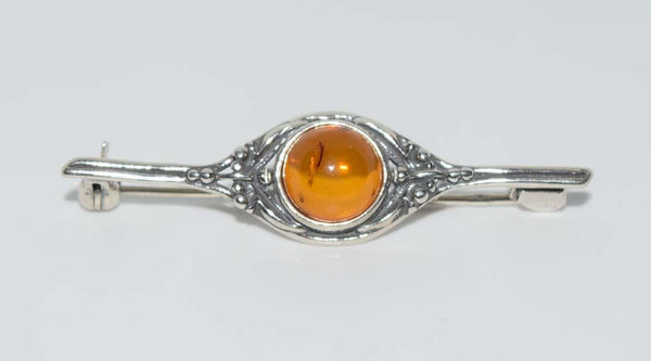 Vintage Sterling Silver Amber Brooch Lapel Pin