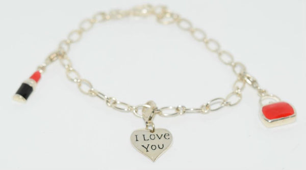 Vintage Sterling Silver Charm Bracelet 2 Red Enamel & 1 Silver Charms 7.5"