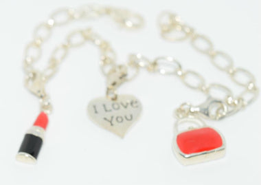 Vintage Sterling Silver Charm Bracelet 2 Red Enamel & 1 Silver Charms 7.5"